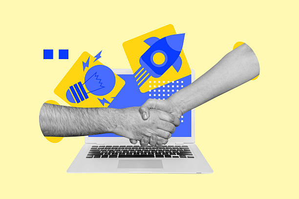 istock Composite trendy magazine photo collage of hands hold pencil laptop programming light bulb blackout rocket launch startup 2222044103