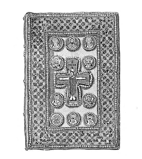 Byzantine jewelled bookbinding, medieval religious book, artwork set with enamels and jewelry, vintage illustration