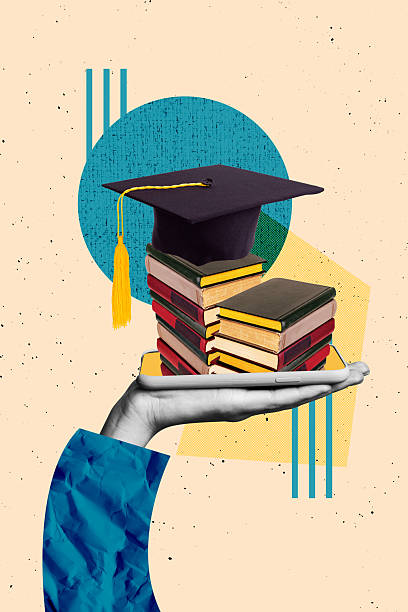 istock Banner vertical photo trend image collage of hand hold phone screen book stack education concept master degree hat graduation 2222047087