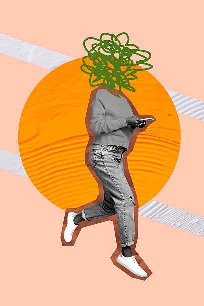 istock Composite image montage trend artwork 3D collage of psychedelic copyspace young lady body walk hand hold smartphone minded think doodle 2222049250