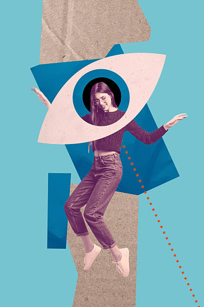 istock Sketch template design 3D photo collage composite of vision third eye optical see huge illustration eyeball young lady stand smile dance 2222049496