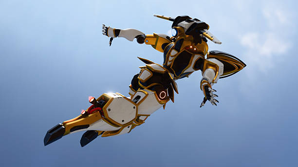 istock 3d render of strong sci-fi mech samurai warrior in heavy white, gray, gold scratched armor metal in flying pose arms outstretched, side view, blue sky background. Concept big military futuristic robot 2222052465