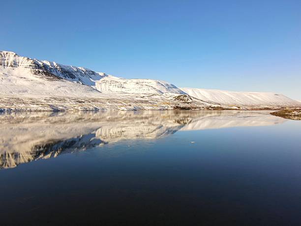 Peaceful winter landscape with snow-covered Icelandic mountains mirrored in a calm lake under a clear blue sky.
