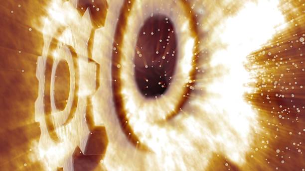 istock 3D illustration - Very close up of two rotating gear 2222058052