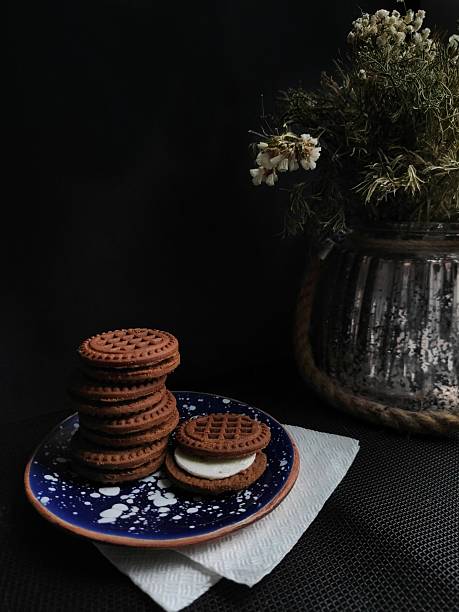 Dark Moody Still Life with Cookies, Blue Plate and Dried Flowers  Rustic Aesthetic