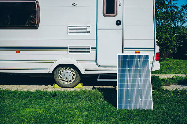 istock White RV caravan camper on a campsite with solar panel generating renewable energy on green grass on a sunny summer day 2222061850
