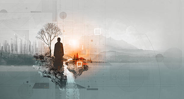 Digital collage featuring a human silhouette blended with an urban landscape and natural elements.