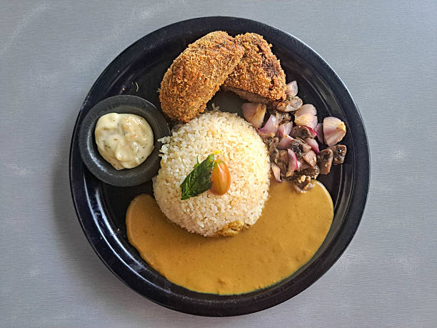 Tzatziki Curry Beef Kofta With Garlic Butter Rice, Grill Kofta, Curry Sauce And Tzatziki Dipping. Food Menu. Top View.