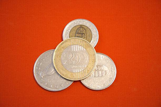 istock Hungarian forint close up with red background. 2222082569