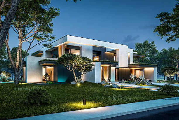 3d rendering of two-story house with parking and pool for sale or rent with concrete facade and beautiful landscaping. Clear summer night with many stars on the sky