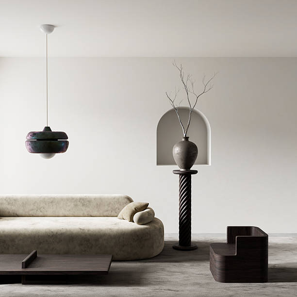 istock Elegant living room with sculptural decor and soft light. 3D illustration 2222086892