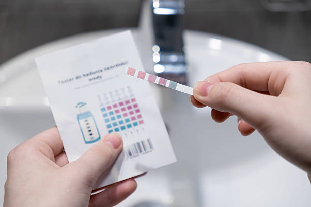 istock Hands holding a water hardness test strip with comparison chart, evaluating home water quality for shower filter effectiveness and personal health management 2222088386