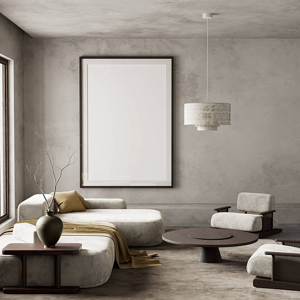 istock Minimal and earthy living room interior design. 3D illustration 2222090571