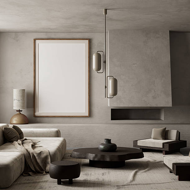 istock Brutalist living room with softened edges. 3D illustration 2222090572