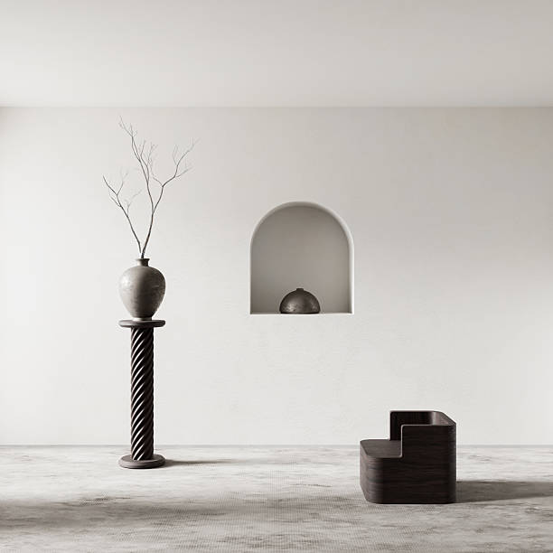 Elegant living room with sculptural decor and soft light. 3D illustration