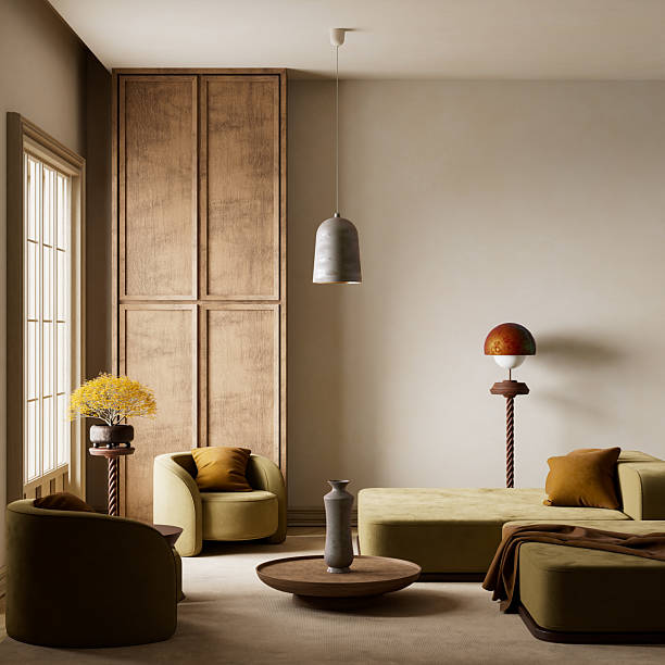 istock Tranquil earth toned living room with modern minimalist design. 3D illustration 2222092127