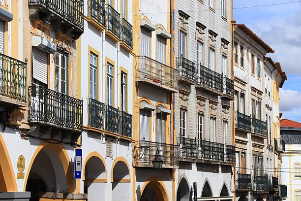 Rua da Republica street in Evora town in Portugal. Old Portuguese town.