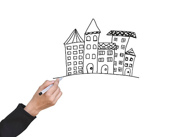 female hand drawing city on white background for design your work.