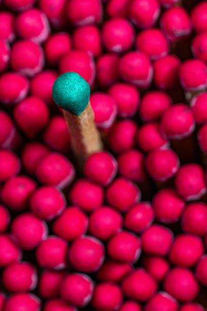 A vivid close-up captures one green matchstick amidst vibrant pink matches showcasing contrasting textures.