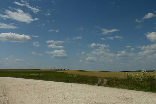 A dirt road with grass and blue sky and clouds. Grass. Sky. Outdoor. Cloudy. Clouds