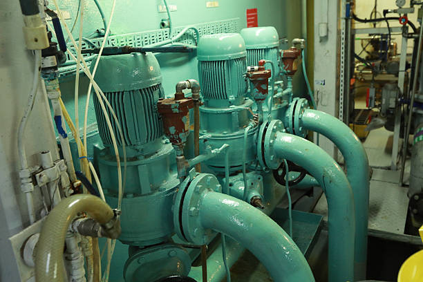 istock Cruise ship engine room interior with water tight doors electrical and diesel engines, water pipes, measuring instruments, diesel engines 2222109962