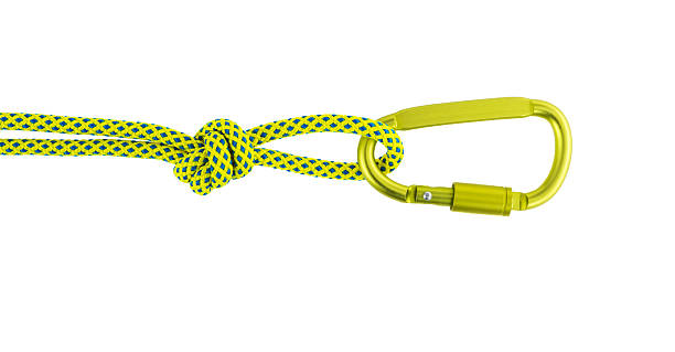 Green color carabiner with robe isolated on white background