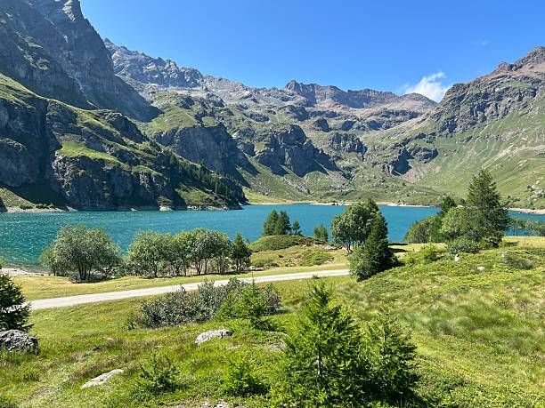 istock Alpine lake with mountain backdrop and forest under clear blue sky in summer 2222115258