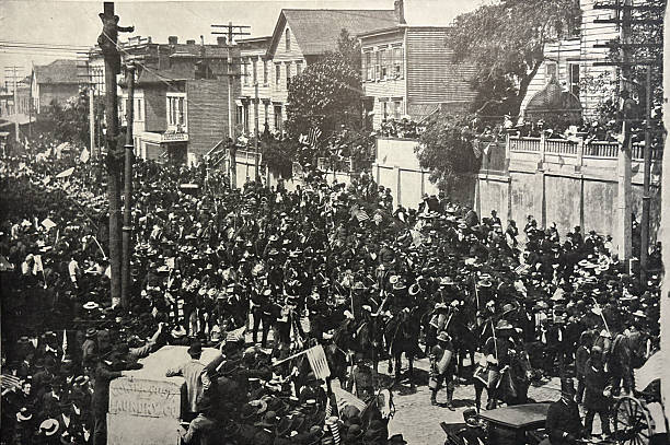 Antique illustration pre 1900 - War with Spain - War of 1898 - troops marching through San Francisco to embark for the Philippines