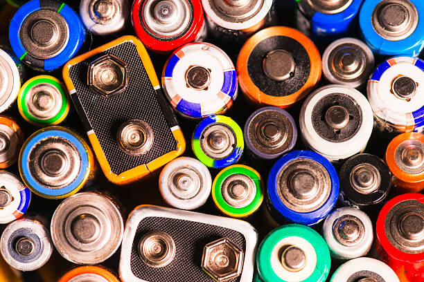 Close-up of a collection of household batteries, photographed from directly above.