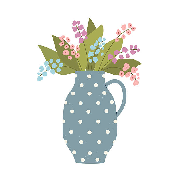 Isolated flat vector illustration of vintage blue jug with white polka dots and bouquet of wildflowers on white background. Cottagecore lifestyle. Home interior element.
