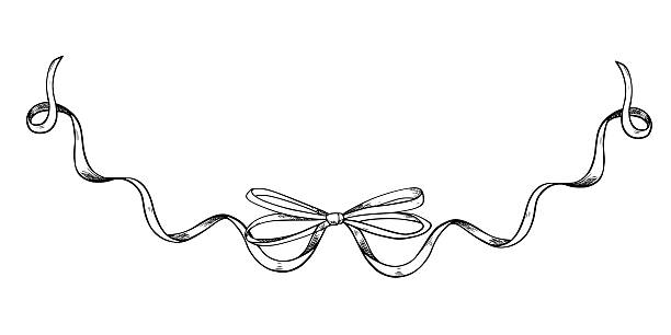 Vector drawing of Bow with loops. Linear illustration of Ribbon in etched vintage style for wedding greeting cards, stationery, or baby party invitations. Art of Border painted by black inks.