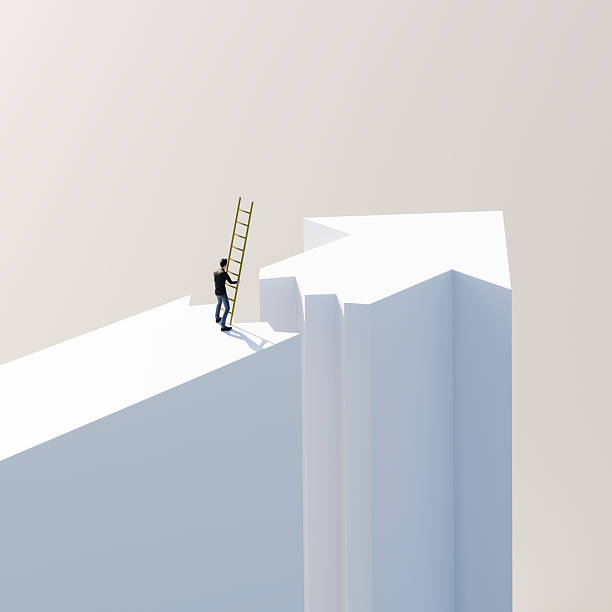 A businessman approaching holding a ladder to bridge the edge of a broken arrow. Problem solving, trouble shooting, success concept.