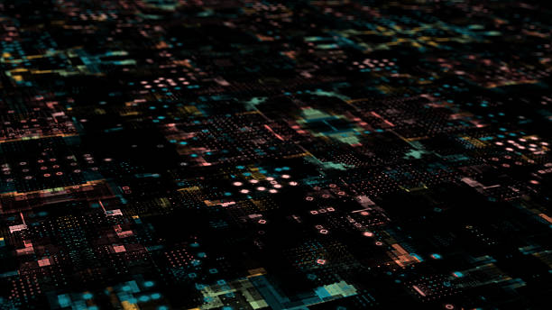 istock Abstract appearing and disappearing hi-tech 3d technology cyberspace on black background, sci-fi cyber loopable background 2222131055