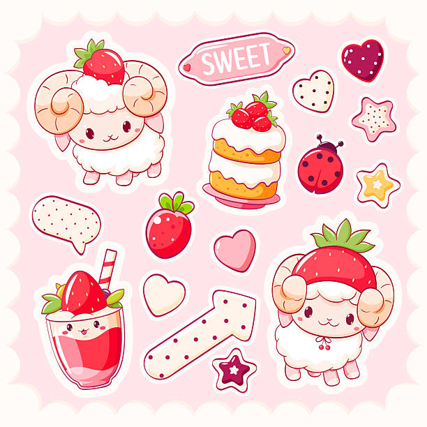 Vector Strawberry stickers collection. Set of stickers with cute characters in kawaii style. Sheep, cake, smoothie with strawberry, heart, star. Can be used for t-shirt print, sticker, greeting card