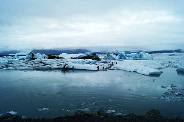 Icebergs on a calm lake in front of a glacier