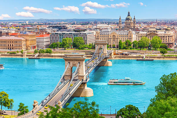 istock Famous Chain Bridge over blue Danube in Budapest with St. Stephen's basilica view, Hungary 2222141614