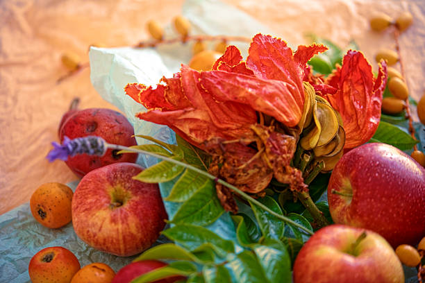 Beautiful still life with fruit, seeds, flowers and leaves on the light table