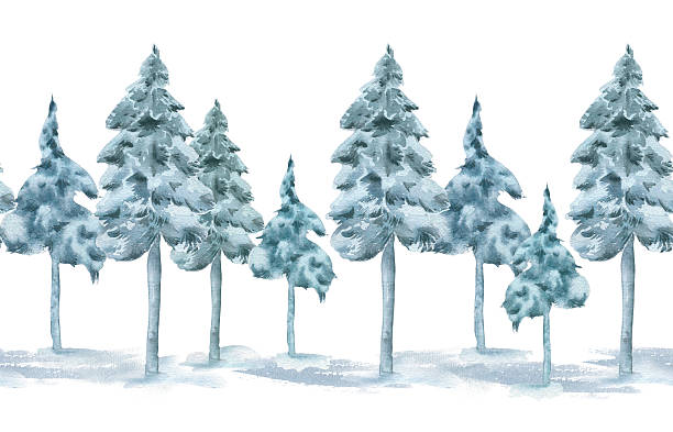 istock Evergreen winter trees horizontal repeated border watercolor illustration isolated. Snowy spruce misty tones hand painted on seamless banner. Continuous woodland pattern for seasonal fabric prints. 2222147900