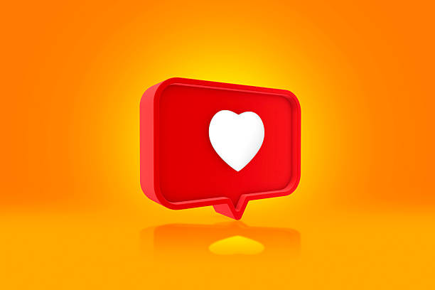 3D social media like notification icon with white heart symbol inside a red speech bubble, isolated on a vibrant orange background. Concept social media engagement, and likes