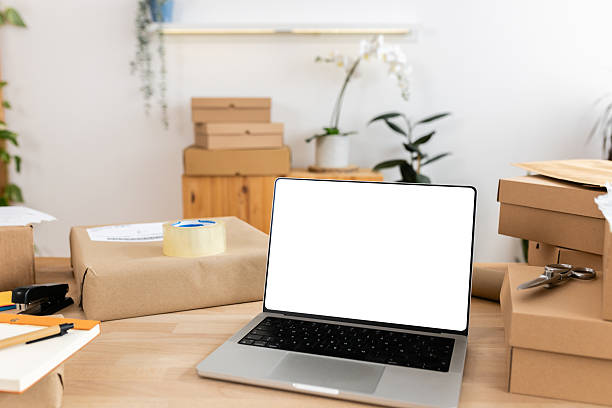 istock Laptop with a blank screen in a home office setting 2222150284
