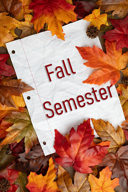 istock Fall semester on white notebook lined paper framed with colorful autumn leaves. 2222150540