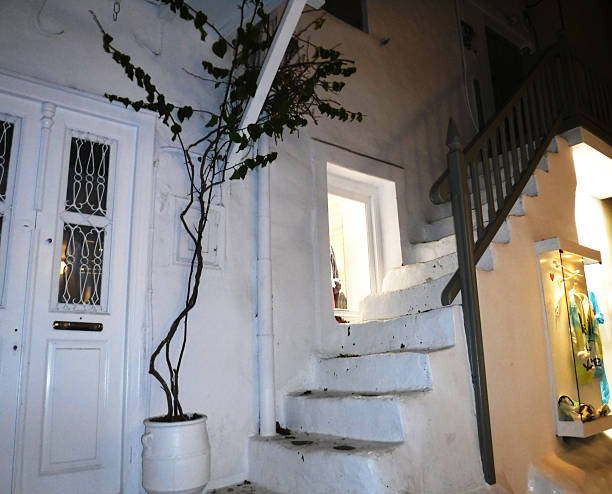 Mykonos, Greece: September 11, 2018 - Town with white staircase and colorful balconies