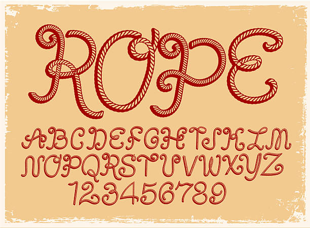 Vector illustration of a Cowboy Rope font design alphabet includes capital letters and numbers. Individually grouped for easy editing and customization. Download features vector EPS and high resolution jpg download.