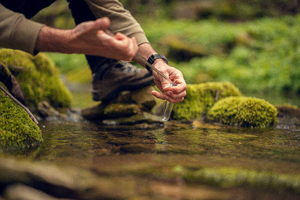 Sustainability practice - ecologist takes field-based water sample in river using mobile laboratory. Biodiversity in aquatic ecosystem & restorative environment