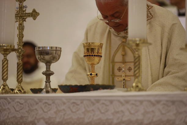 jequie, bahia, brazil - june 13, 2025: holy chalice is seen on the altar during a celabradda catholic mass in a church in the city of Jequie, Bahia.