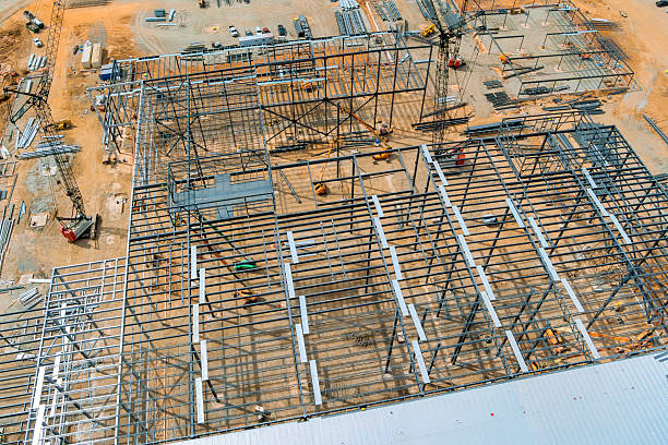 istock Construction site showcasing metal framework of large building in progress during works day 2222173086