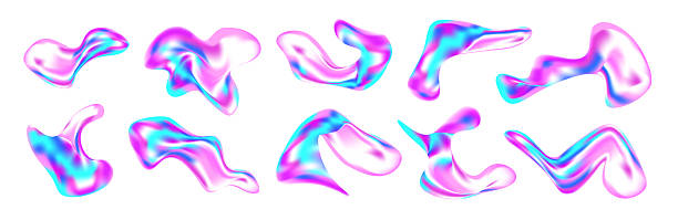 istock 3D liquid abstract shapes with chrome and holographic effect. Iridescent blobs, splashes and doodles in Y2K style. Floating geometric forms with neon glow, gradient texture and fluid motion. 2222176955
