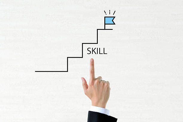 A businessman's hand pointing at a staircase symbolizing skill improvement