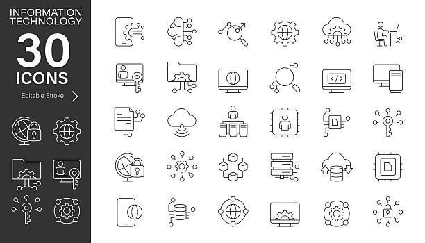 stockillustraties, clipart, cartoons en iconen met information technology line vector icon set. pixel perfect. editable stroke. stock illustration. icon symbol, database, connection - cloud computing