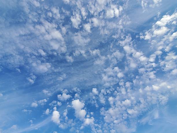 Fluffy White Cirrus and Cumulus  Clouds in a Clear Blue Sky